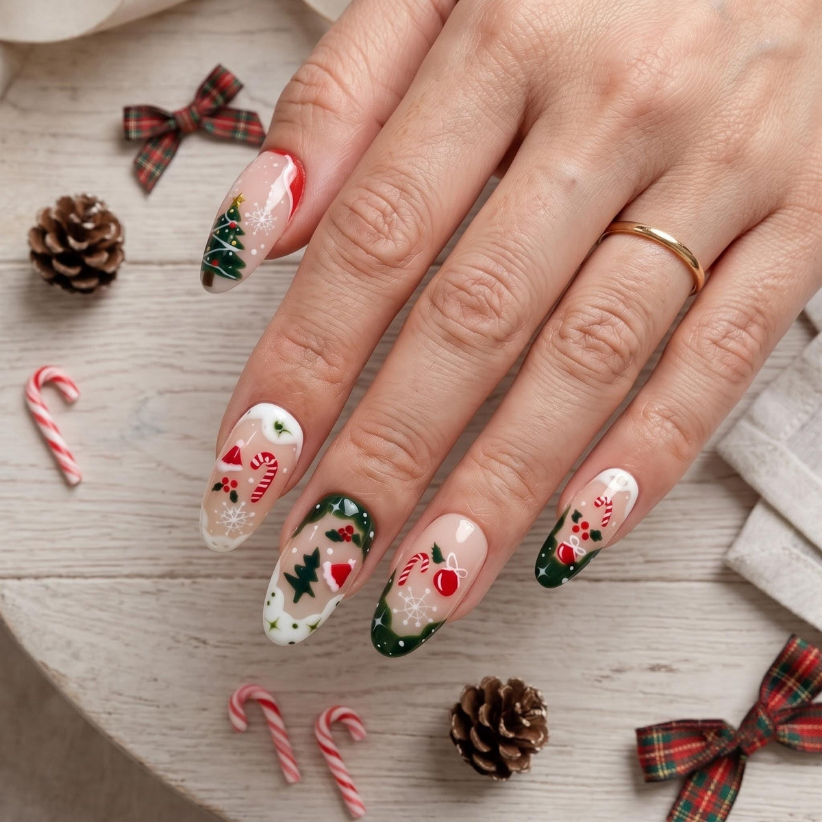 Christmas Tree, Candy Cane and Snowflake Holiday Nail Set