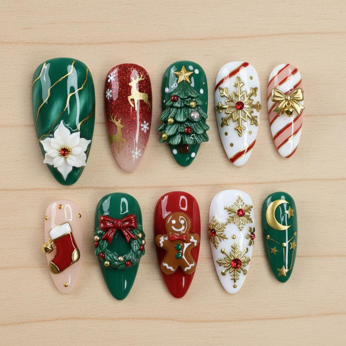 Christmas Tree, Gingerbread, Candy Cane and Snowflake Press On Nail Set