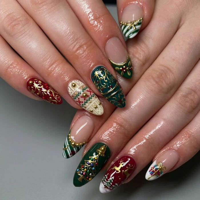 Christmas Tree Press On Nails in Green, Burgundy, Cream and Gold