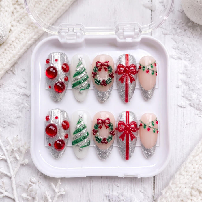Christmas Tree, Wreath and Red Bow Press On Nails with Silver Glitter Tips