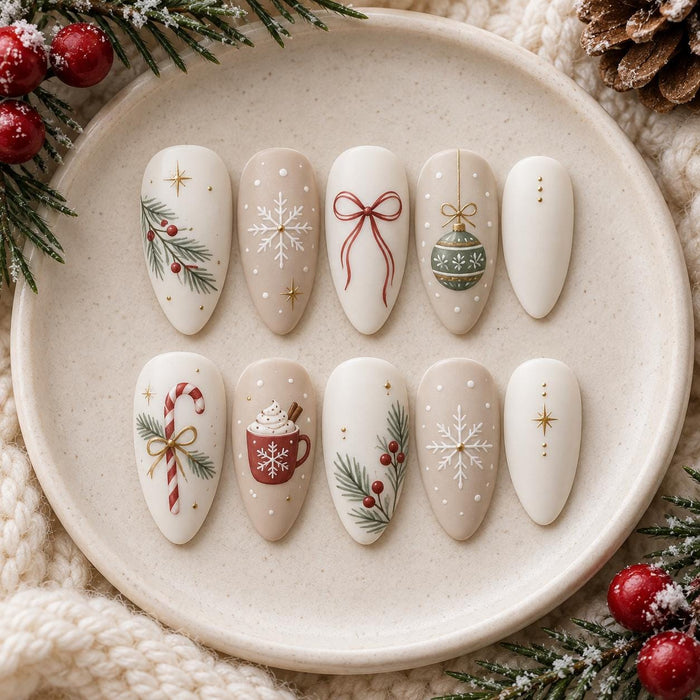 Christmas Winter Press On Nails With Snowflakes, Greenery, Bows and Holiday Details