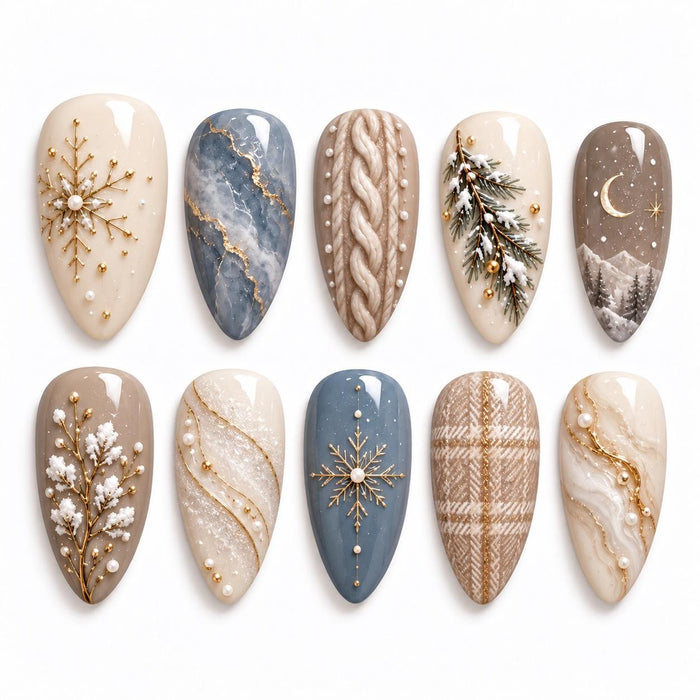 Christmas Winter Snowflake and Pine Branch Press On Nail Set in Blue, Ivory, and Taupe