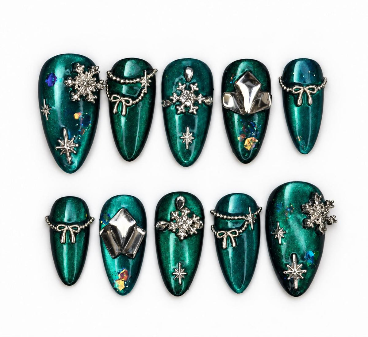 Christmas Winter Teal Cat Eye Press On Nails With Silver Snowflakes, Stars and Bow Charms