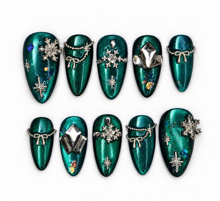 Christmas Winter Teal Cat Eye Press On Nails With Silver Snowflakes, Stars and Bow Charms