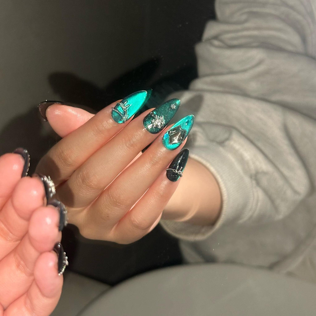 Christmas Winter Teal Cat Eye Press On Nails With Silver Snowflakes, Stars and Bow Charms