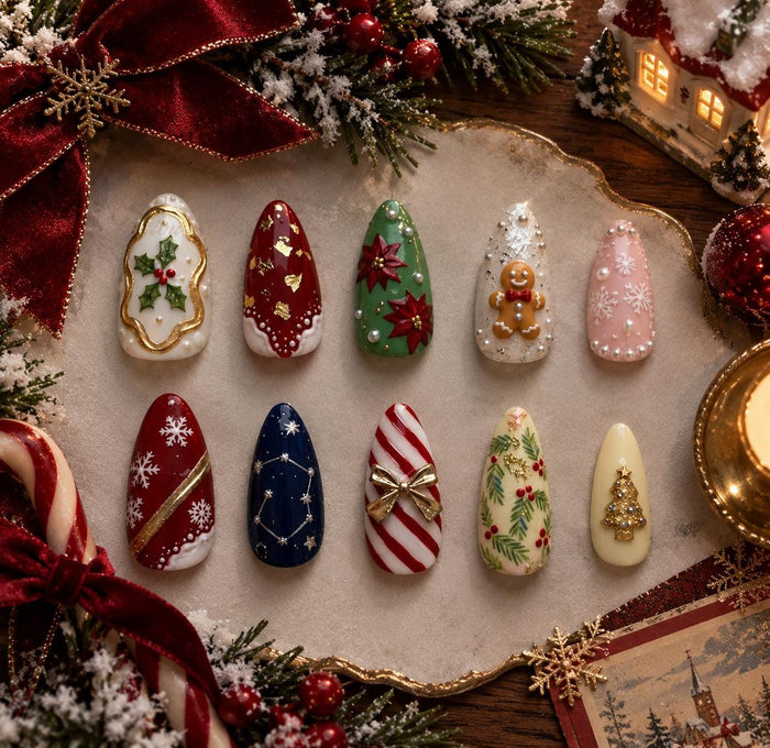 Christmas Wonderland Press On Nails With Holiday Motifs and Gold Accents