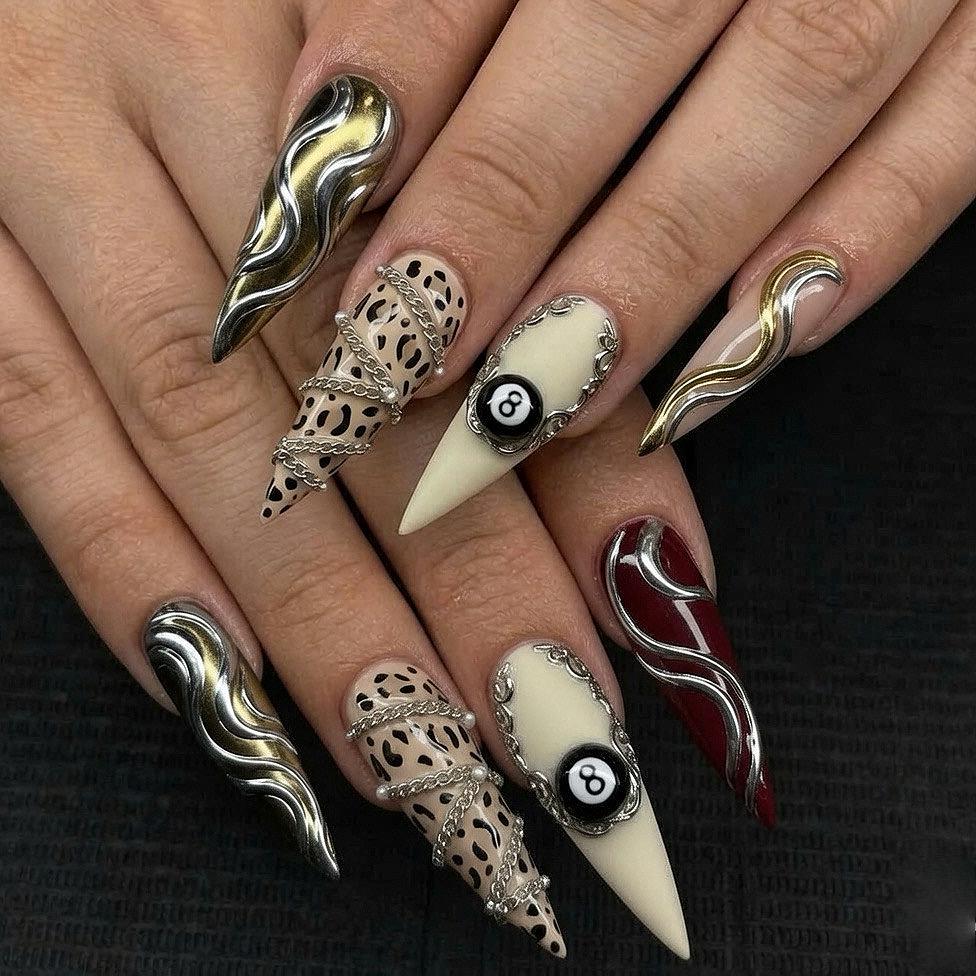 Chrome Flame, Leopard Print & 8-Ball Charm Nail Set