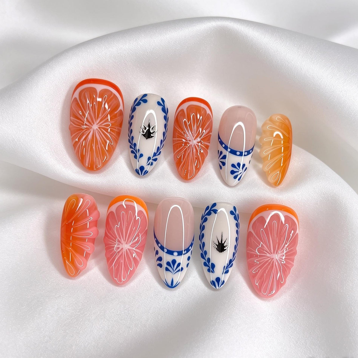 Citrus and Blue-and-White Porcelain Pattern Press-On Nails