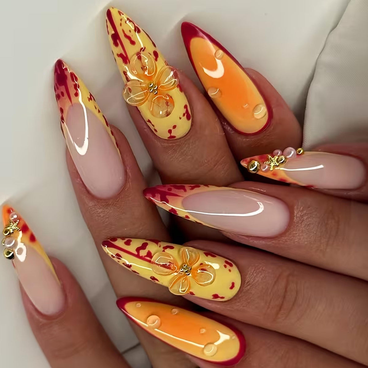 Citrus Flame Press-On Nails With 3D Flowers and Bubble Details