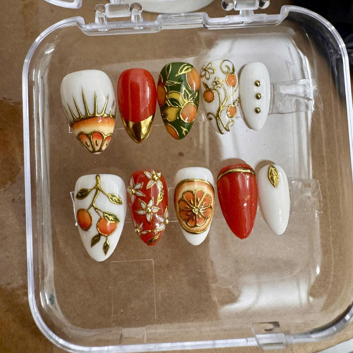 Citrus Orange and Blossom Press-On Nail Set With Gold Botanical Details