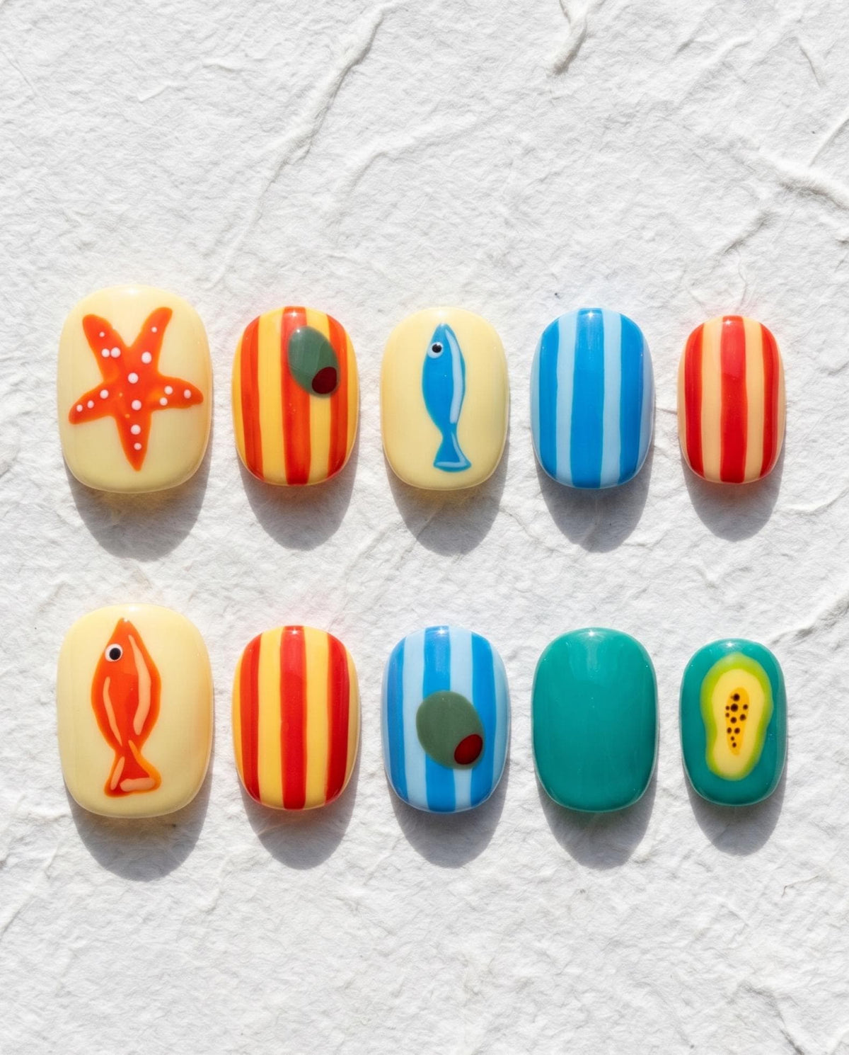 Coastal Fish and Starfish Nail Set With Bright Stripes