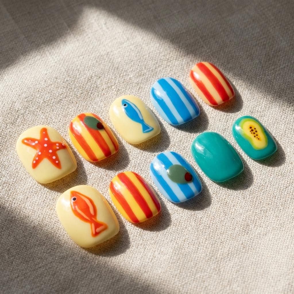 Coastal Fish and Starfish Nail Set With Bright Stripes