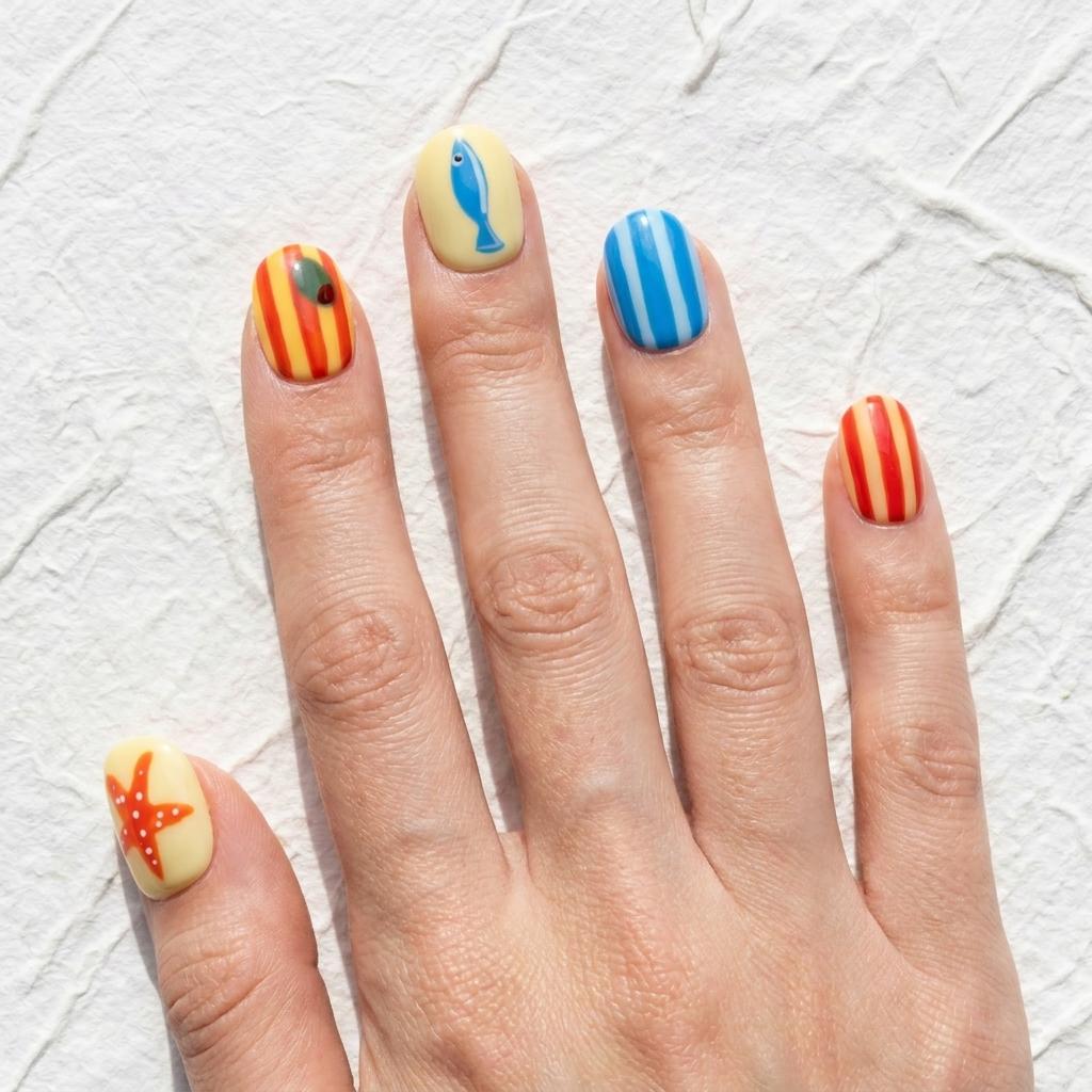 Coastal Fish and Starfish Nail Set With Bright Stripes