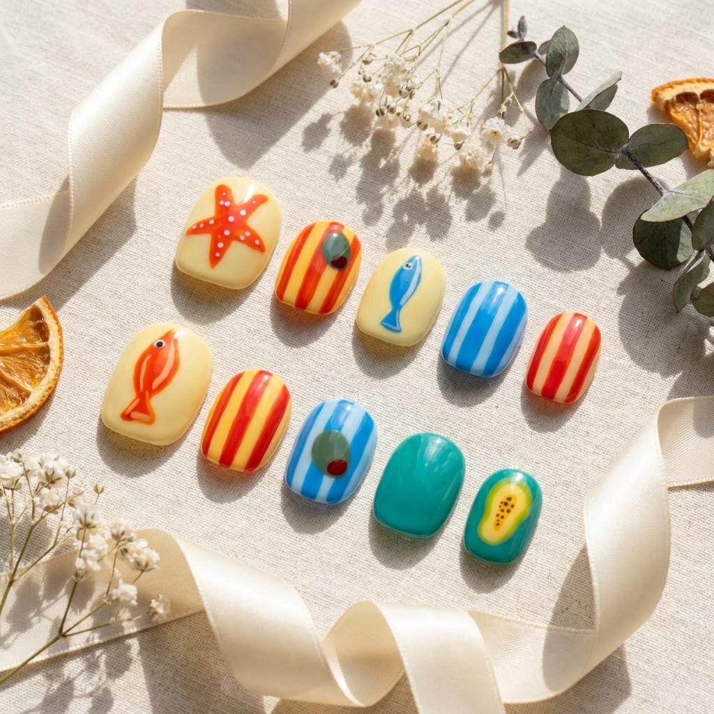 Coastal Fish and Starfish Nail Set With Bright Stripes