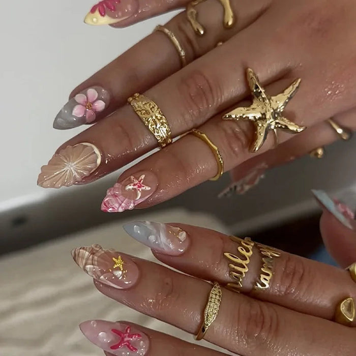 Coastal Shell and Starfish Press-On Nails with Pink Flowers and Gold Accents