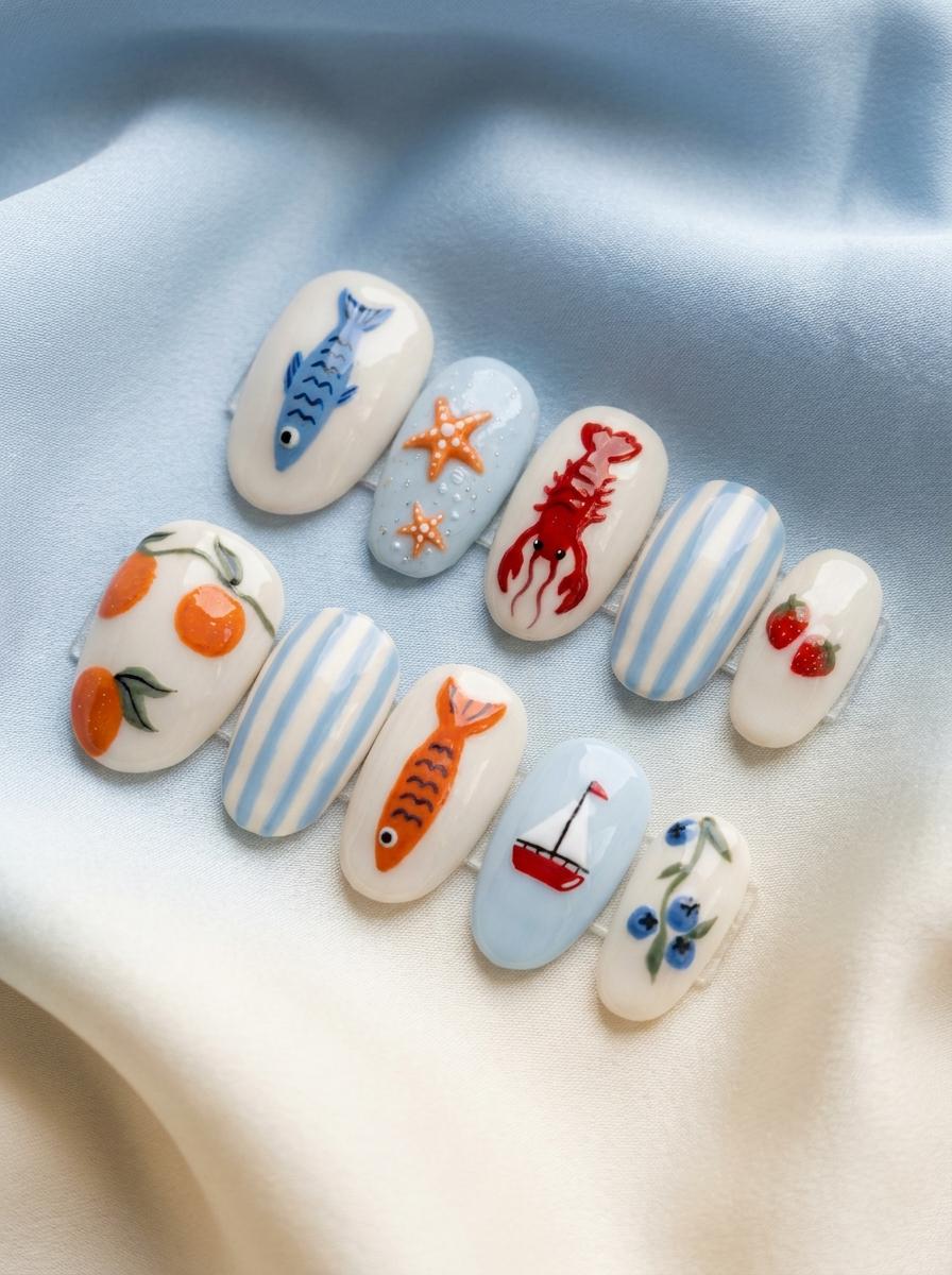 Coastal Summer Press On Nails with Sea Life, Citrus, Berries and Stripes