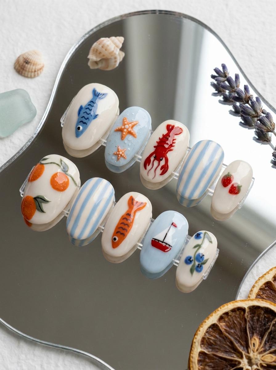 Coastal Summer Press On Nails with Sea Life, Citrus, Berries and Stripes