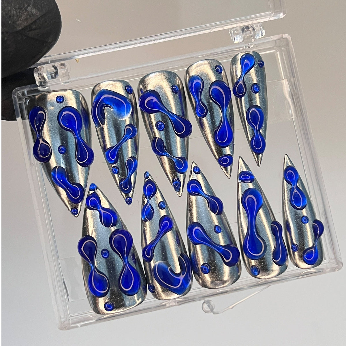 Cobalt Blue 3D Gel Drops on Reflective Silver Press-On Nails