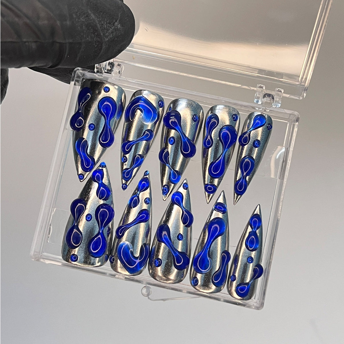 Cobalt Blue 3D Gel Drops on Reflective Silver Press-On Nails