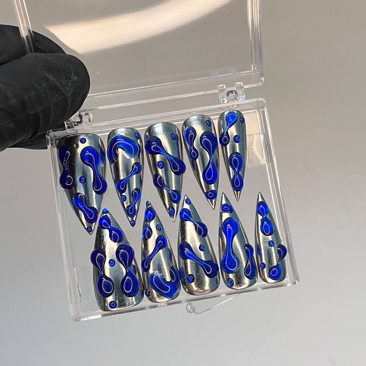Cobalt Blue 3D Gel Drops on Reflective Silver Press-On Nails