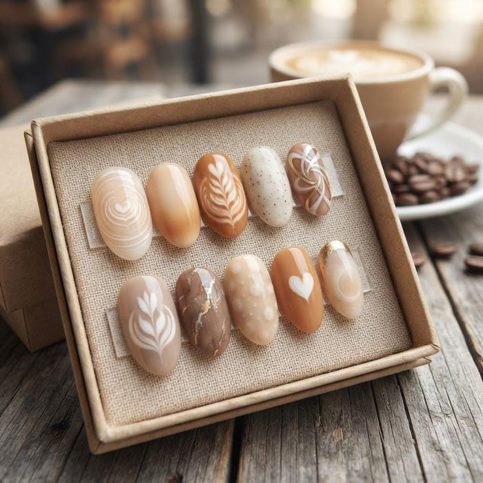 Coffee Latte Art Press On Nails in Neutral Brown and Caramel Tones