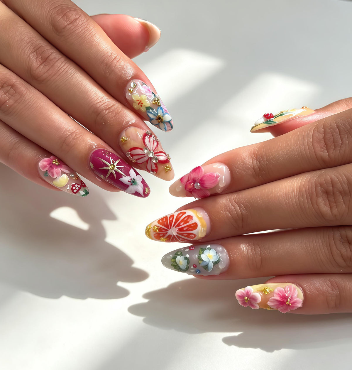 Colorful 3D Floral Press-On Nails with Citrus Art and Rhinestones