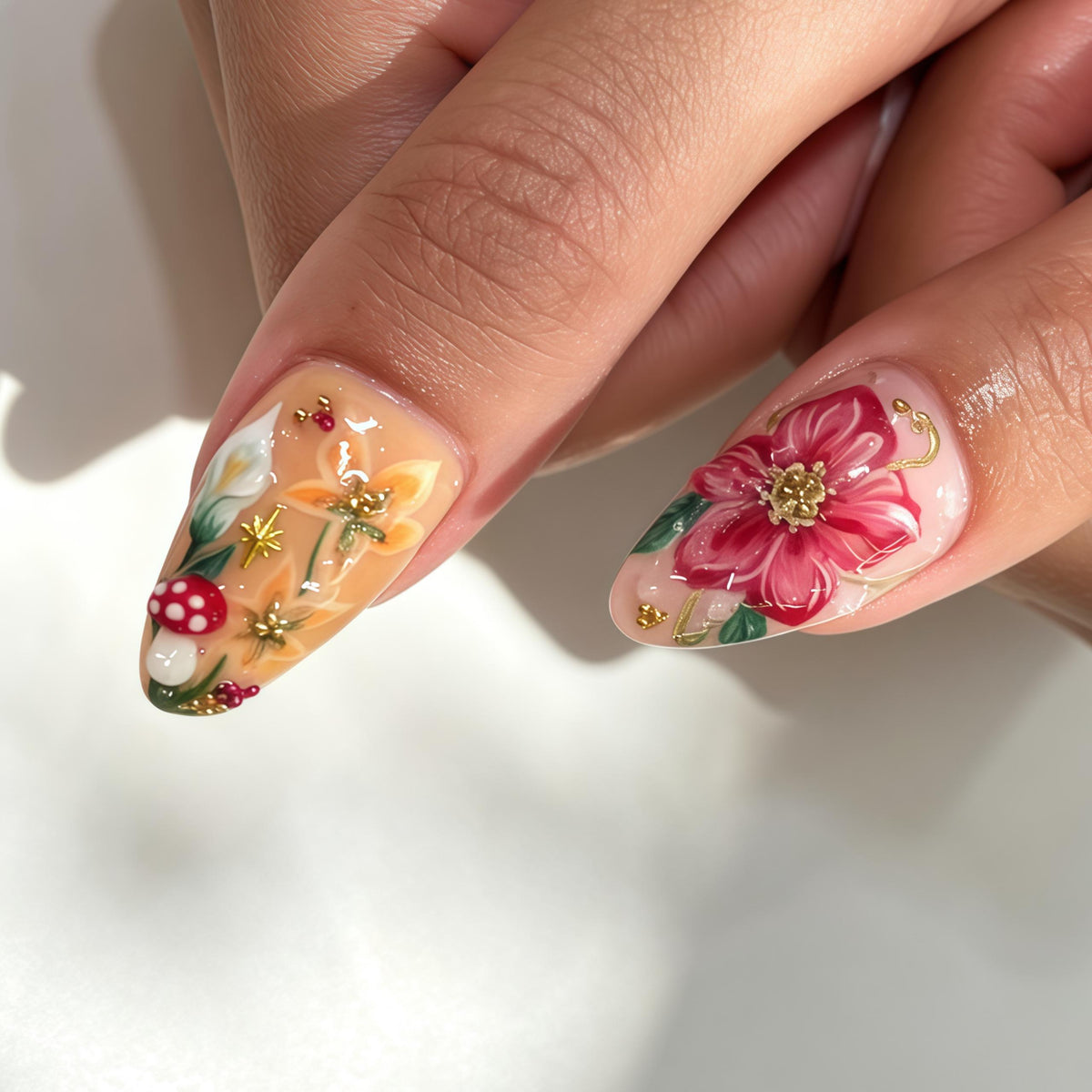 Colorful 3D Floral Press-On Nails with Citrus Art and Rhinestones
