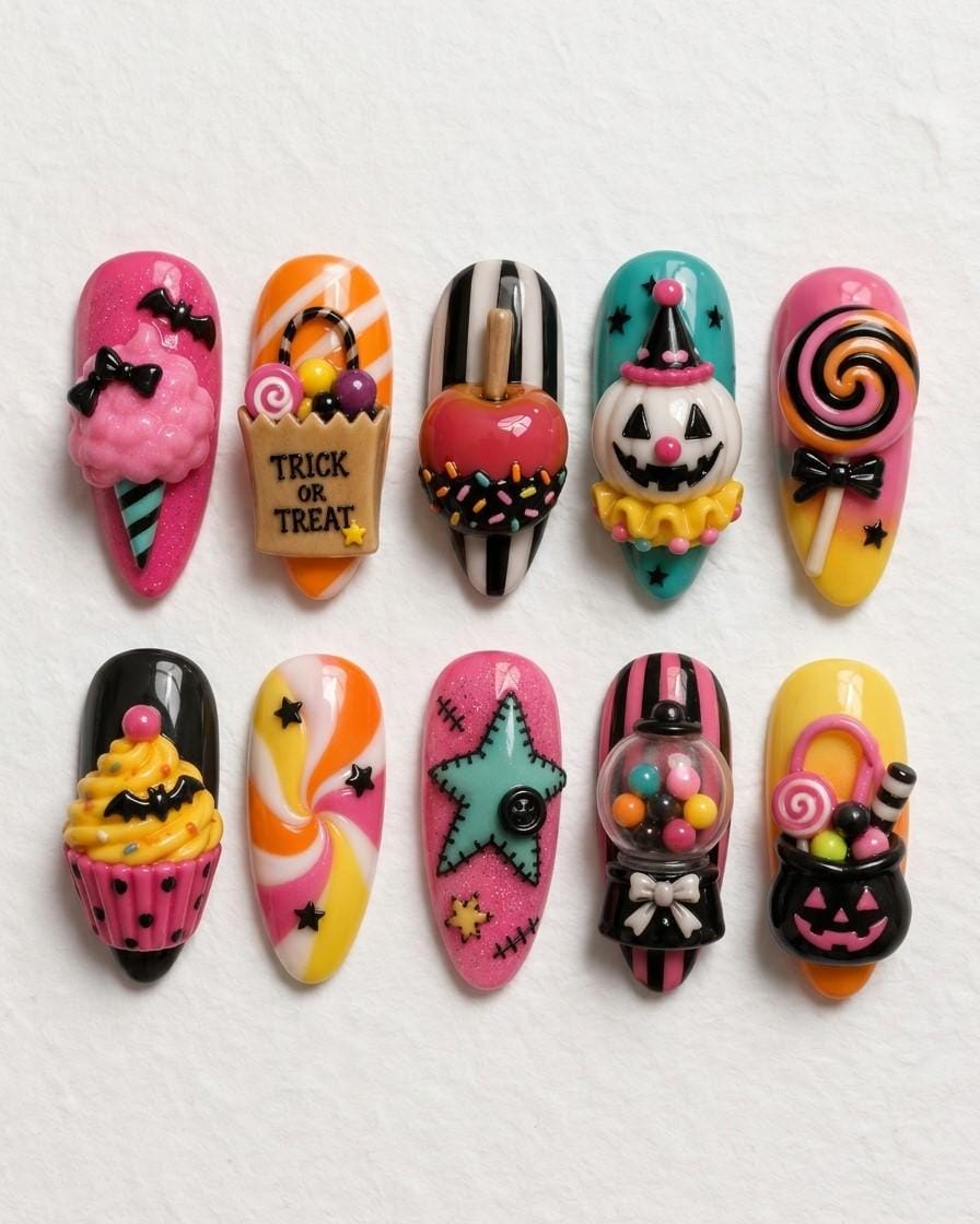 Colorful 3D Halloween Candy and Ghost Press On Nails