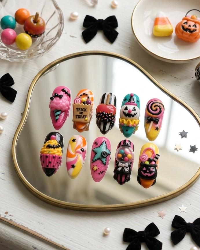 Colorful 3D Halloween Candy and Ghost Press On Nails