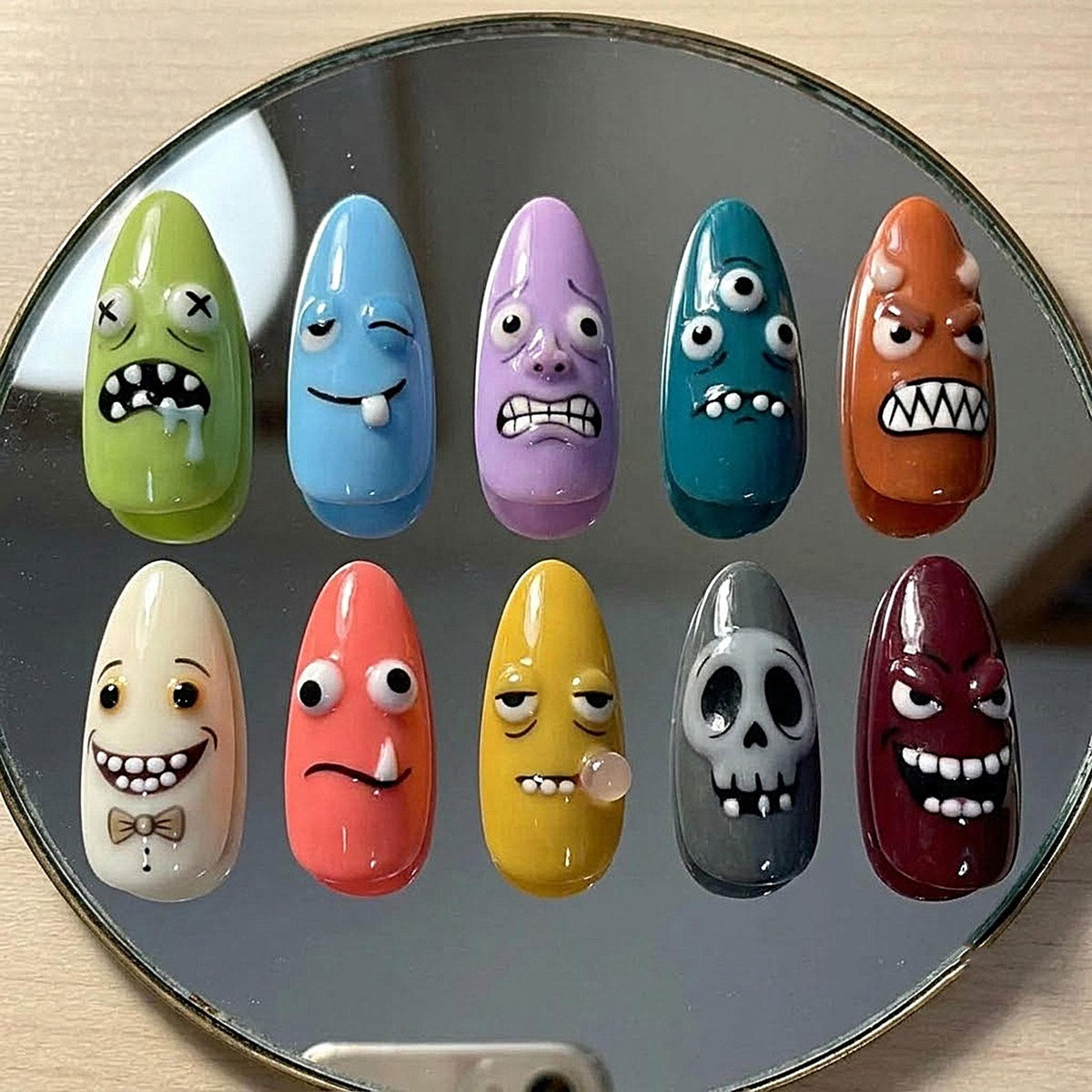 Colorful 3D Monster Face Press On Nails