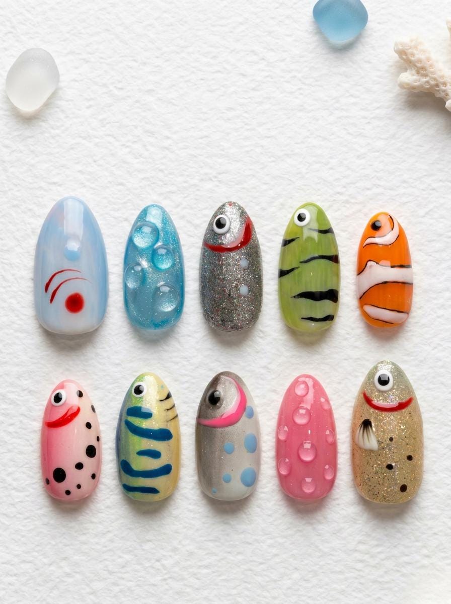 Colorful Aquarium Fish Summer Nails With Raised Bubble Details