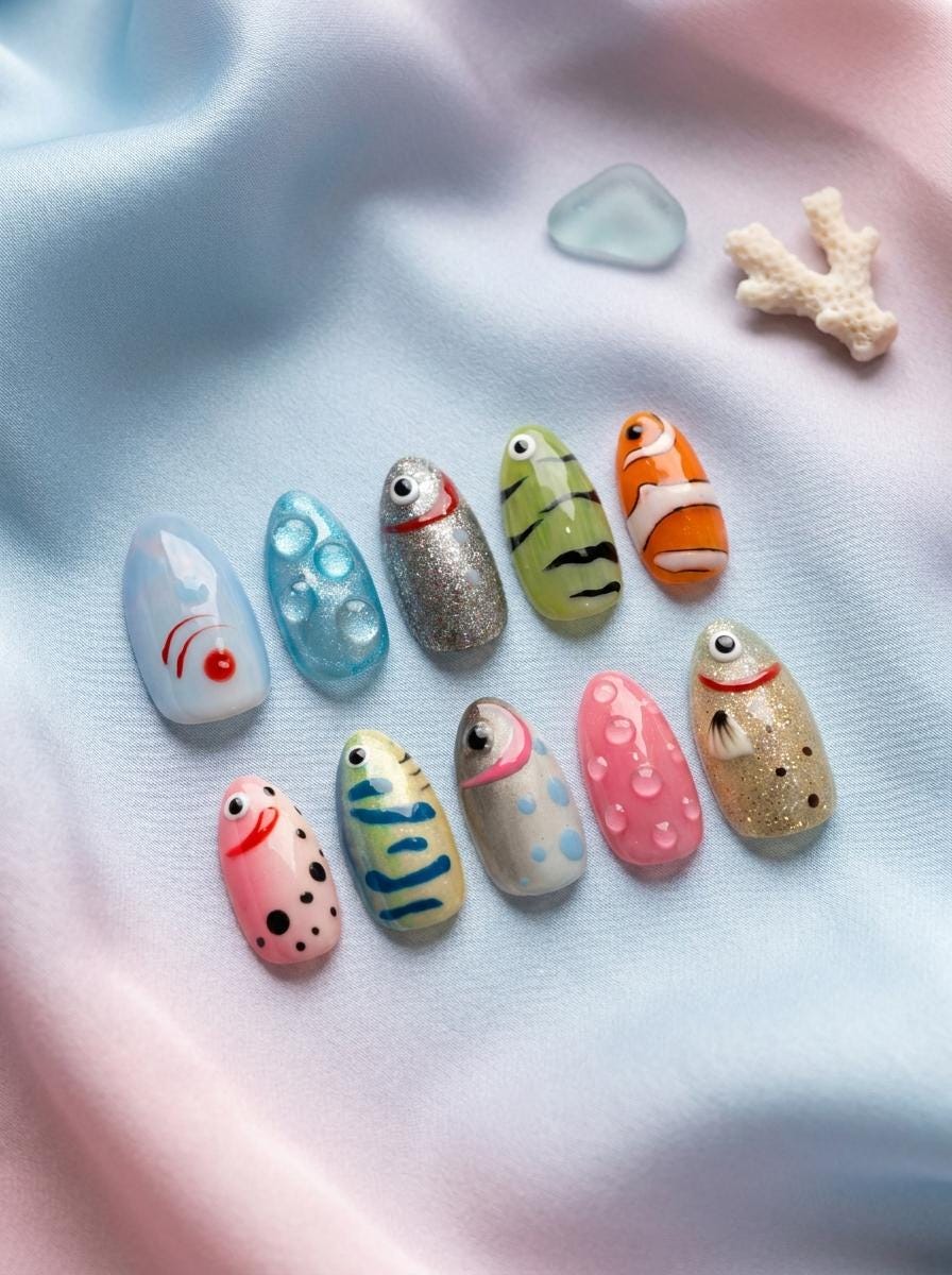Colorful Aquarium Fish Summer Nails With Raised Bubble Details
