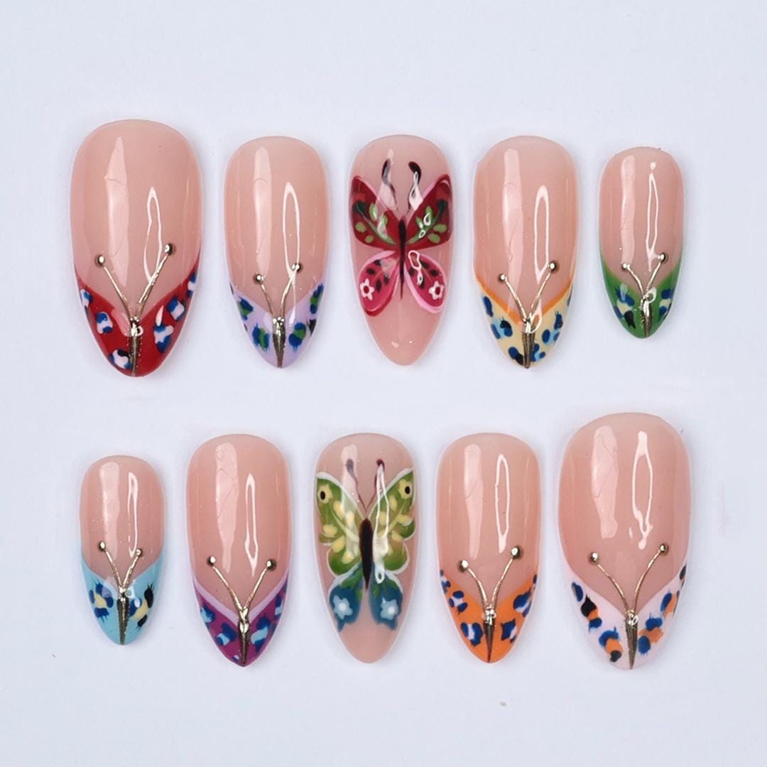 Colorful Butterfly Wing Tip Nail Set With Gold Accents