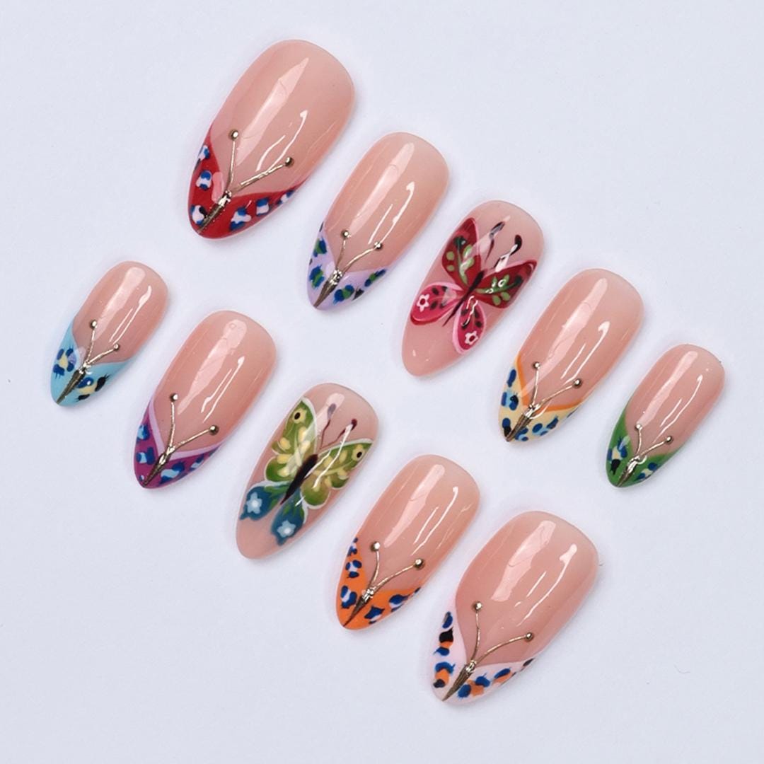Colorful Butterfly Wing Tip Nail Set With Gold Accents