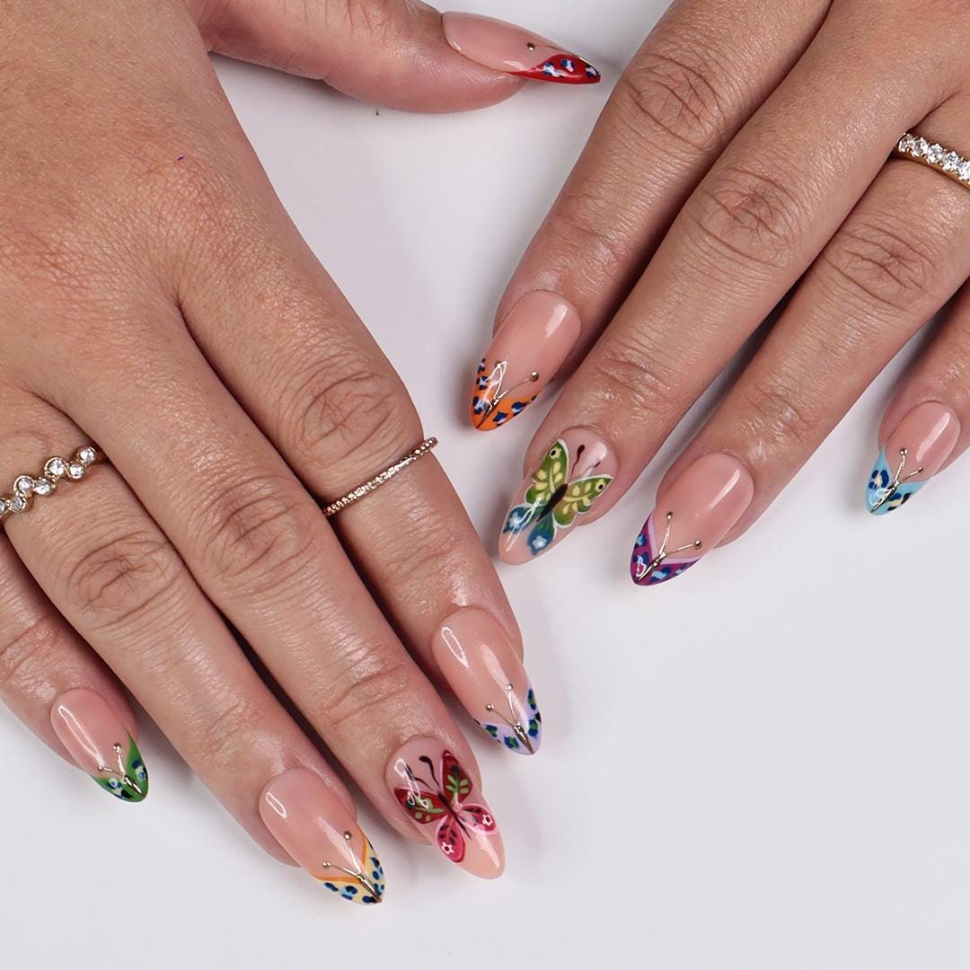 Colorful Butterfly Wing Tip Nail Set With Gold Accents
