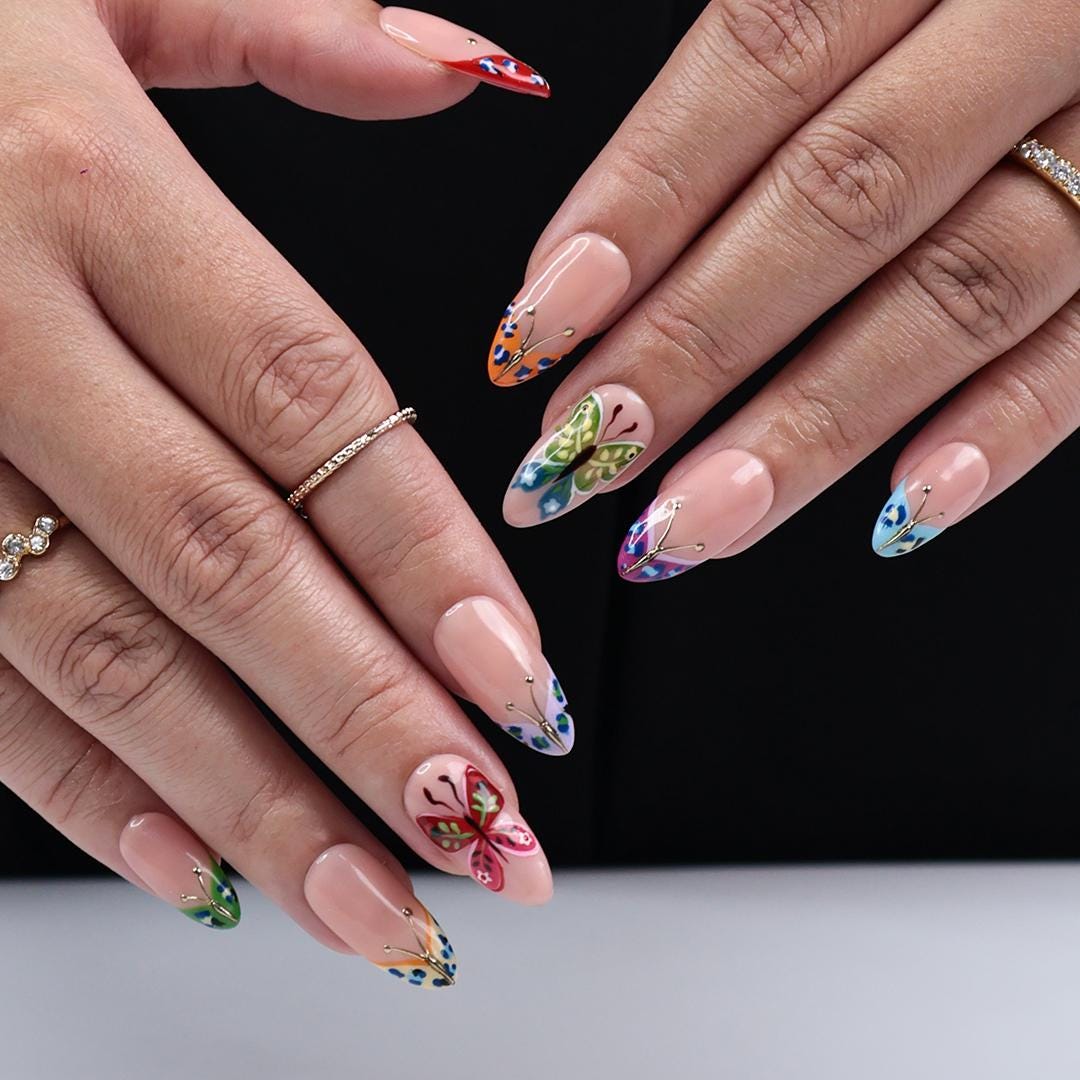 Colorful Butterfly Wing Tip Nail Set With Gold Accents
