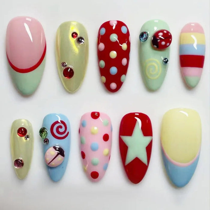 Colorful Candy Dot and Mushroom Charm Press On Nail Set
