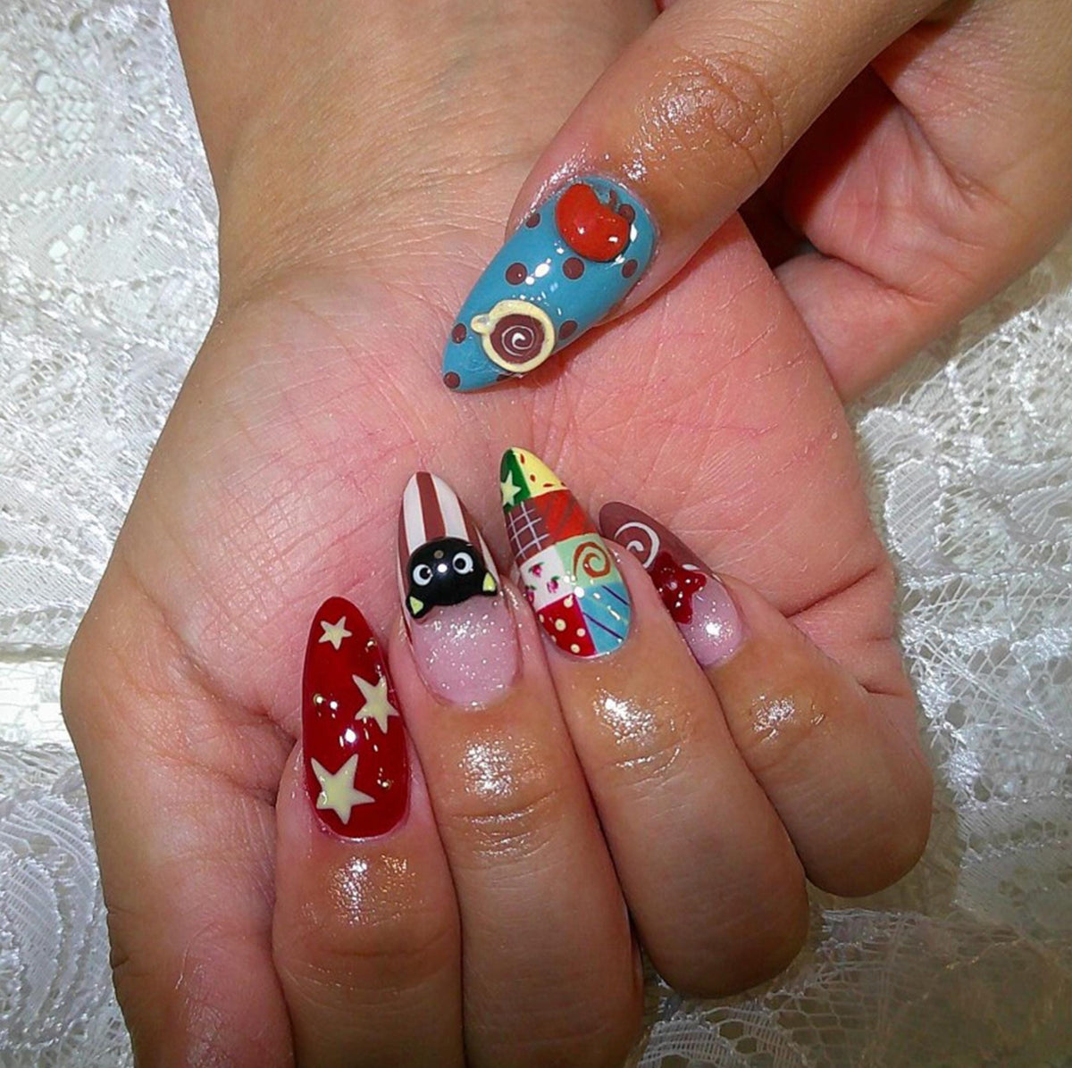 Colorful Cartoon Patchwork Nails With Stars, Hearts, Flowers and Cat Faces