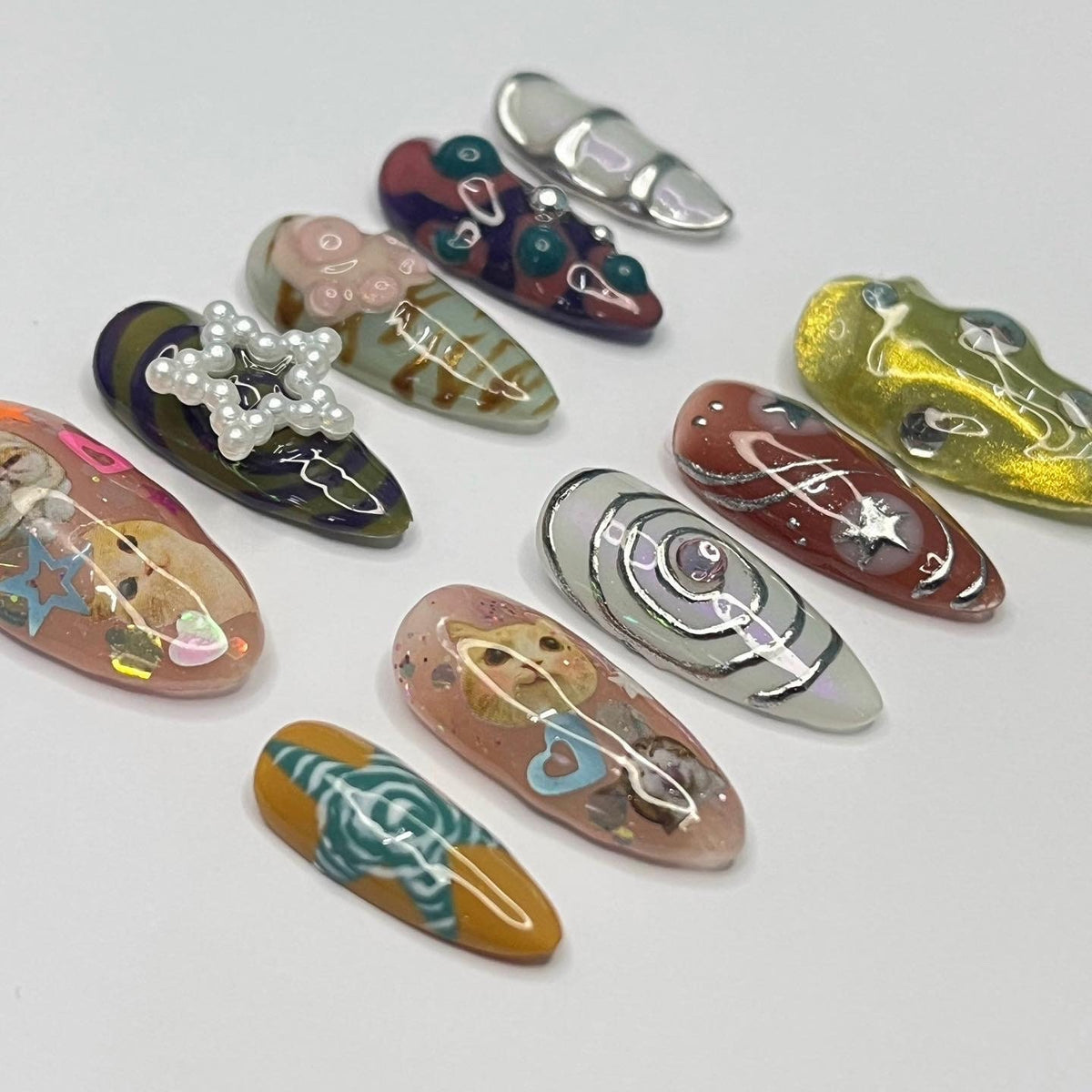 Colorful Cat Nail Set With Silver Chrome, Raised Paw Pads and Metallic Details