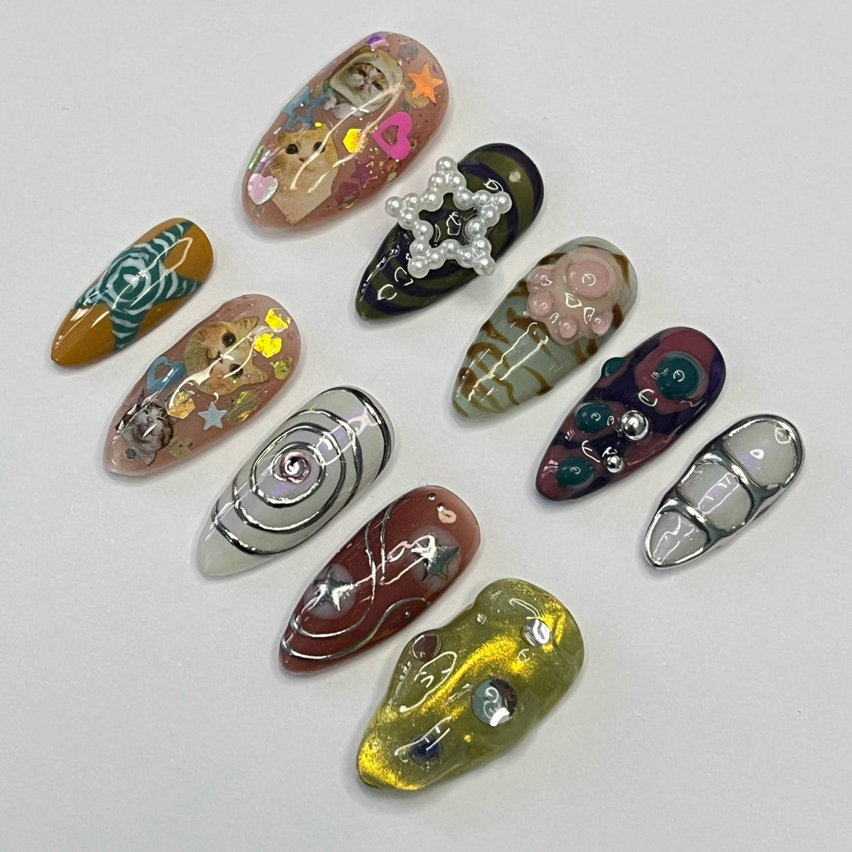 Colorful Cat Nail Set With Silver Chrome, Raised Paw Pads and Metallic Details
