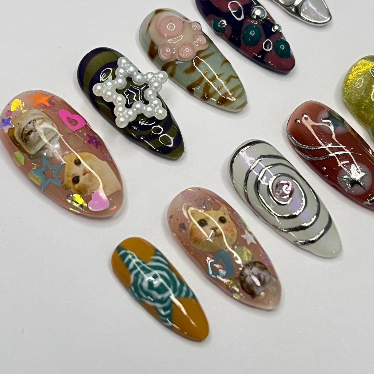 Colorful Cat Nail Set With Silver Chrome, Raised Paw Pads and Metallic Details