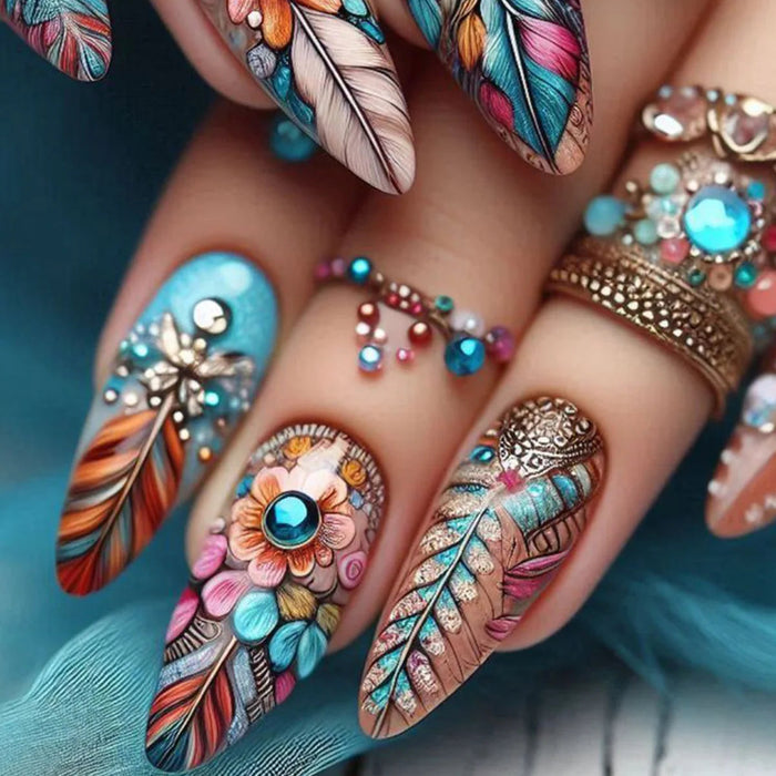 Colorful Feather and Floral Press-On Nails with Turquoise Gem Details