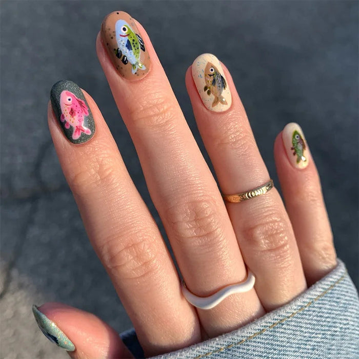 Colorful Fish Doodle Press-On Nails with Green, Tan and Cream Bases