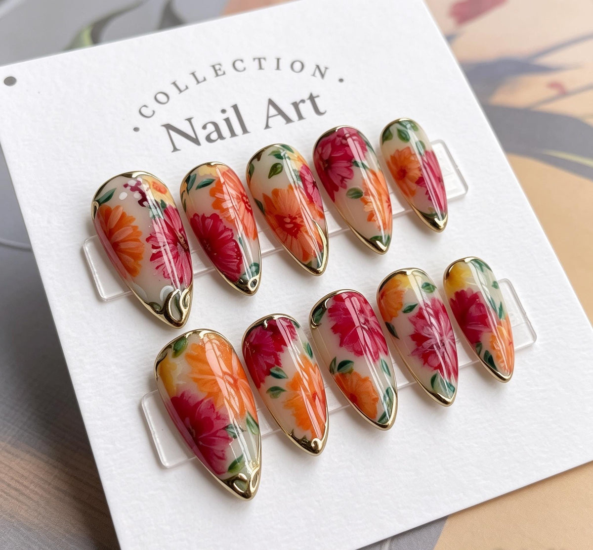 Colorful Floral Press On Nails with Metallic Gold Borders