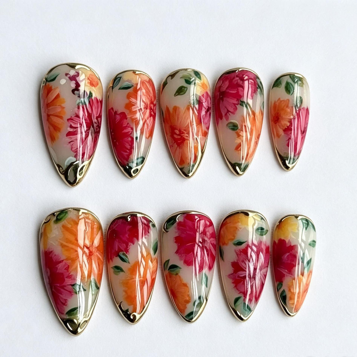 Colorful Floral Press On Nails with Metallic Gold Borders