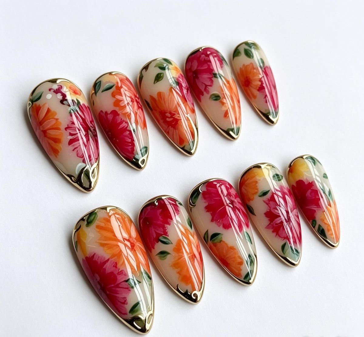 Colorful Floral Press On Nails with Metallic Gold Borders