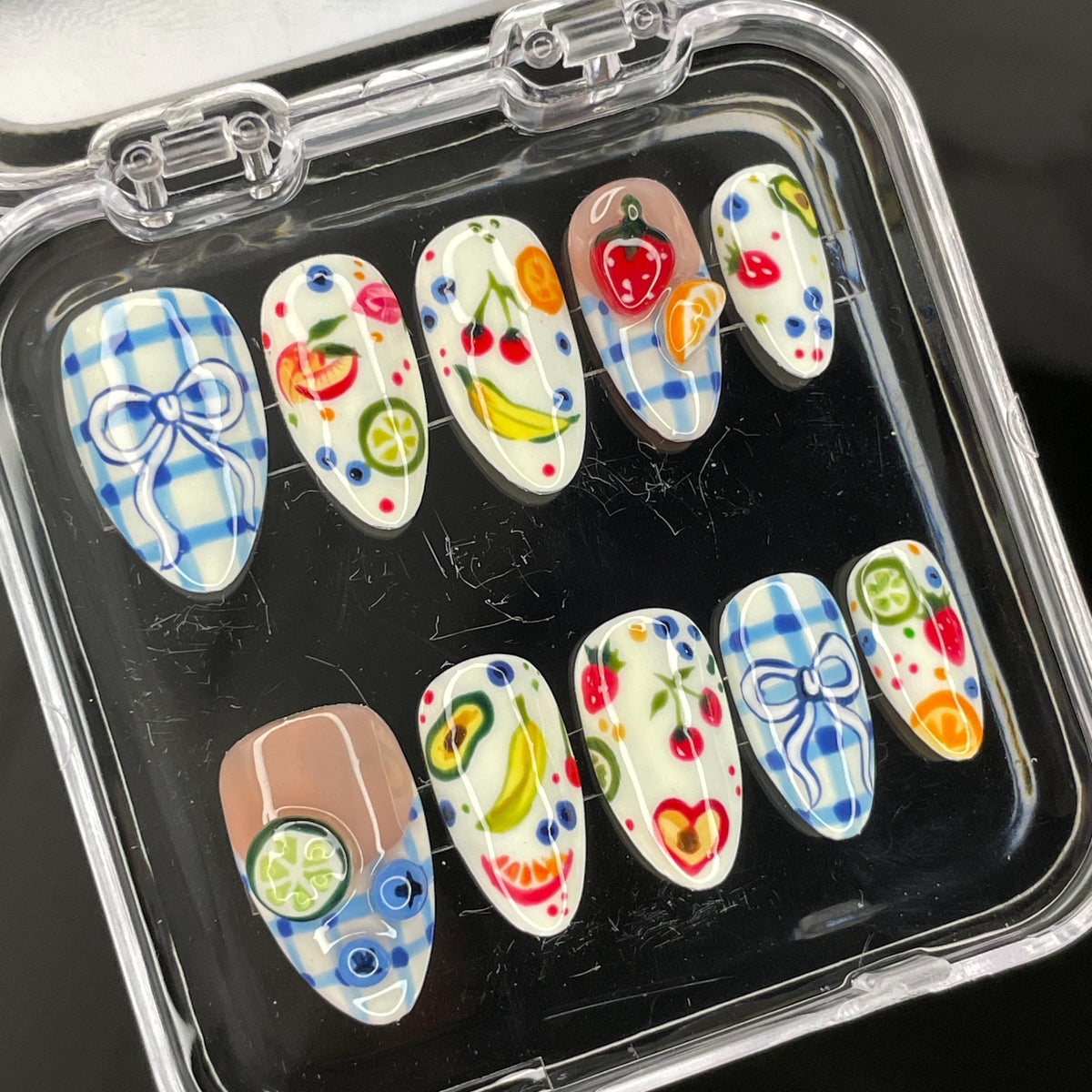 Colorful Fruit and Blue Gingham Bow Nail Set