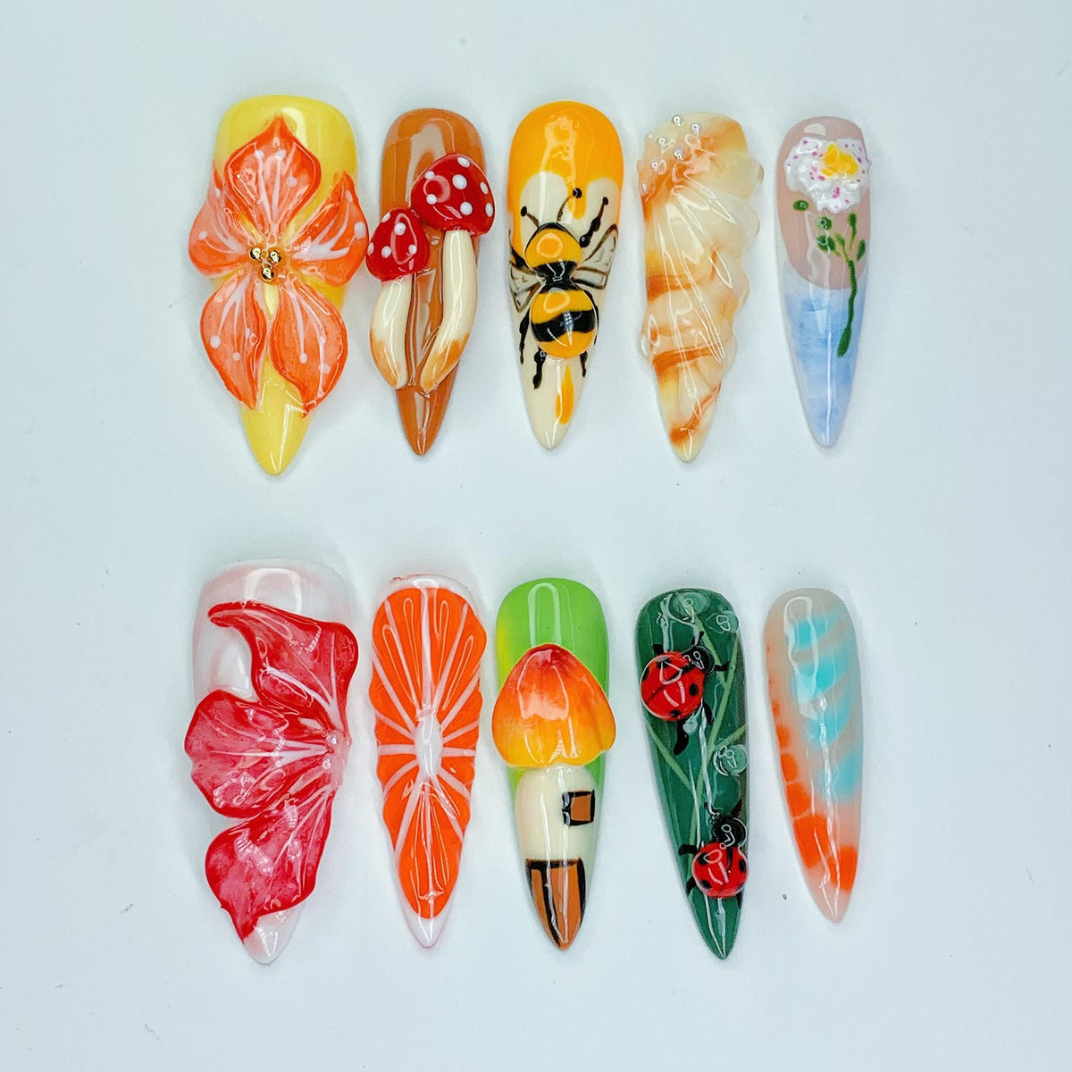 Colorful Garden Nails With 3D Flowers, Mushrooms, Bees and Ladybugs