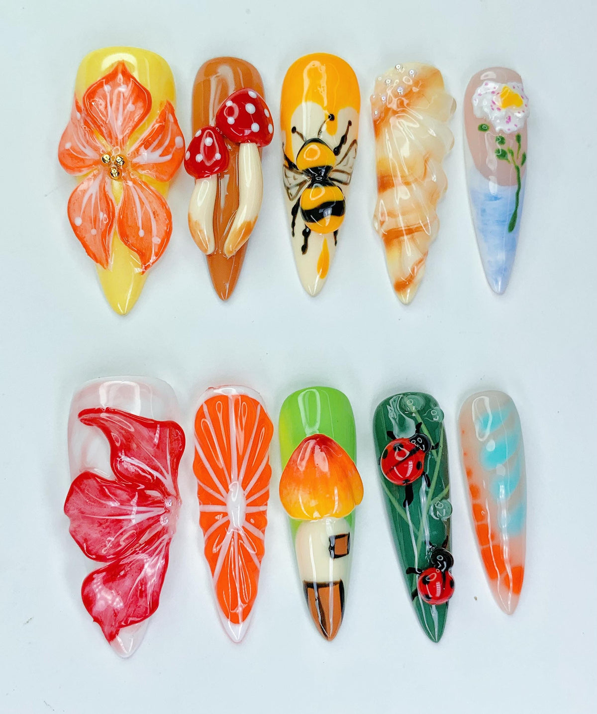 Colorful Garden Nails With 3D Flowers, Mushrooms, Bees and Ladybugs