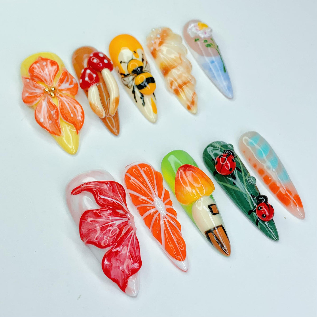 Colorful Garden Nails With 3D Flowers, Mushrooms, Bees and Ladybugs